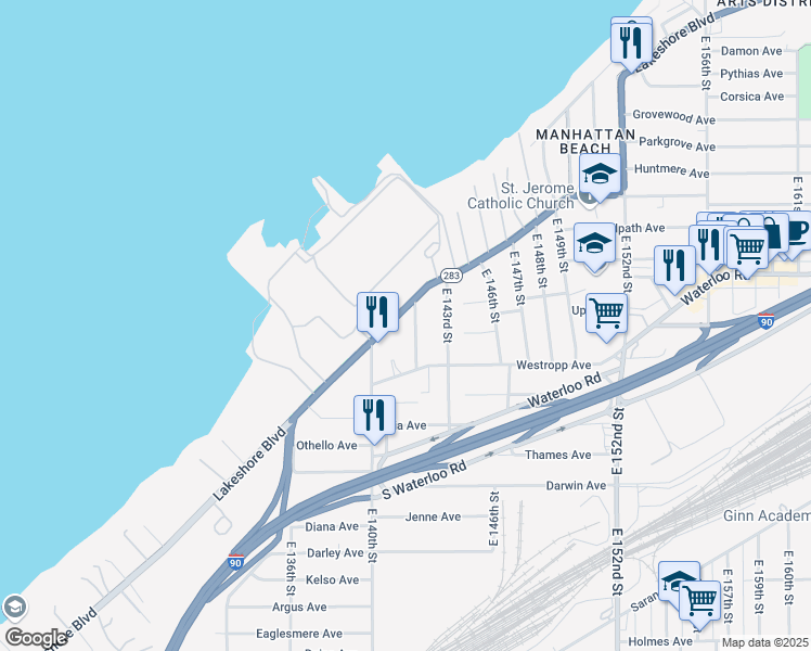 map of restaurants, bars, coffee shops, grocery stores, and more near 455 East 142nd Street in Cleveland
