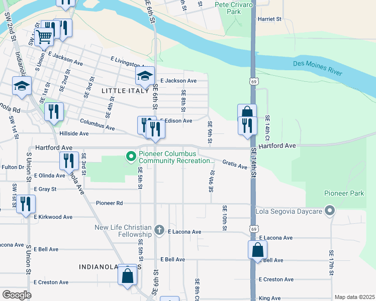 map of restaurants, bars, coffee shops, grocery stores, and more near 2014 Southeast 8th Street in Des Moines