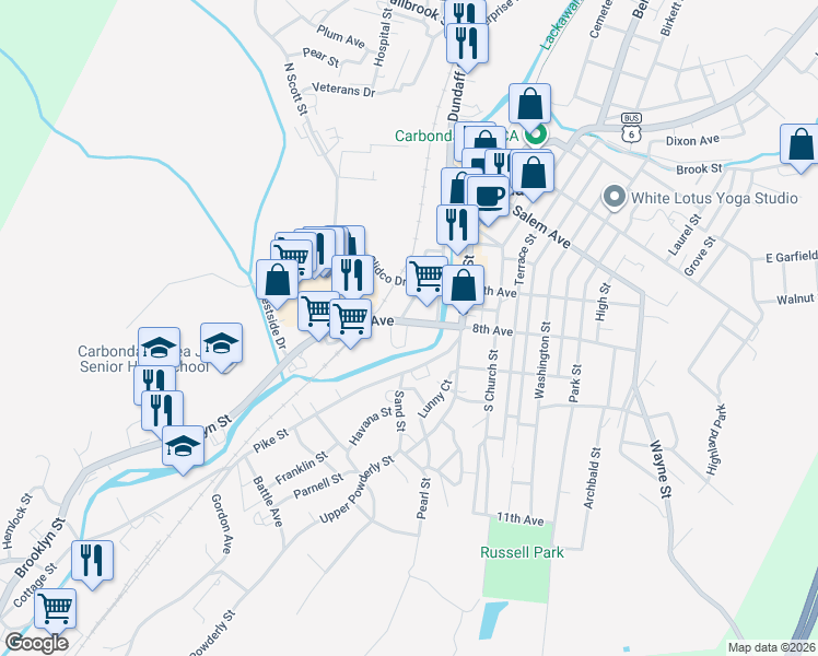 map of restaurants, bars, coffee shops, grocery stores, and more near 12 8th Avenue in Carbondale