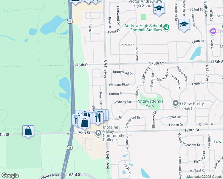 map of restaurants, bars, coffee shops, grocery stores, and more near 9375 Windsor Parkway in Tinley Park