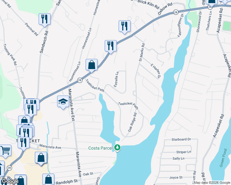 map of restaurants, bars, coffee shops, grocery stores, and more near 66 Teaticket Path in Falmouth