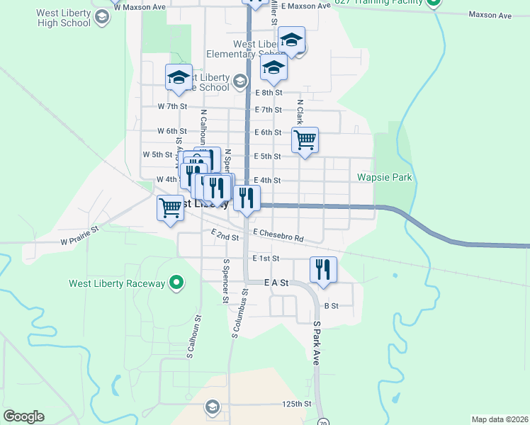 map of restaurants, bars, coffee shops, grocery stores, and more near 308 East 3rd Street in West Liberty