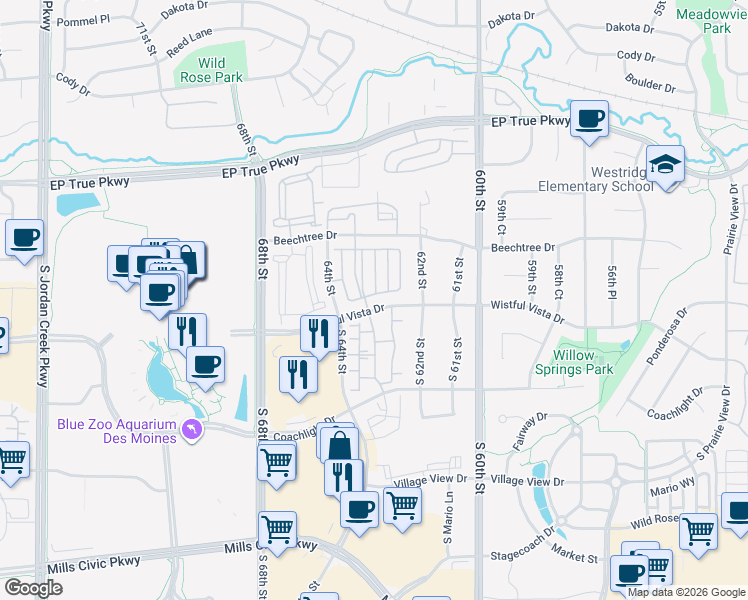 map of restaurants, bars, coffee shops, grocery stores, and more near 6327 Wistful Vista Drive in West Des Moines