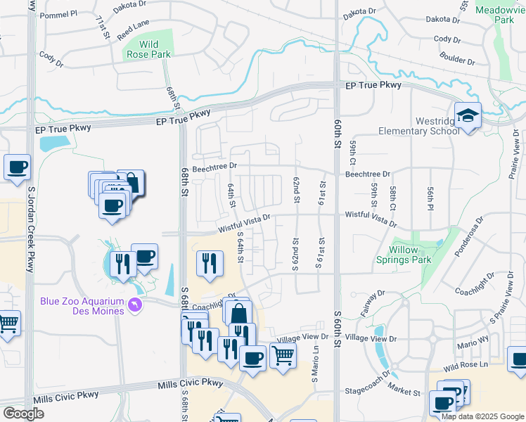 map of restaurants, bars, coffee shops, grocery stores, and more near 6327 Wistful Vista Drive in West Des Moines