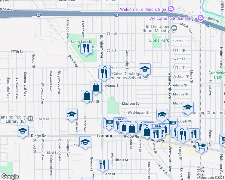 map of restaurants, bars, coffee shops, grocery stores, and more near 17915 Walter Street in Lansing