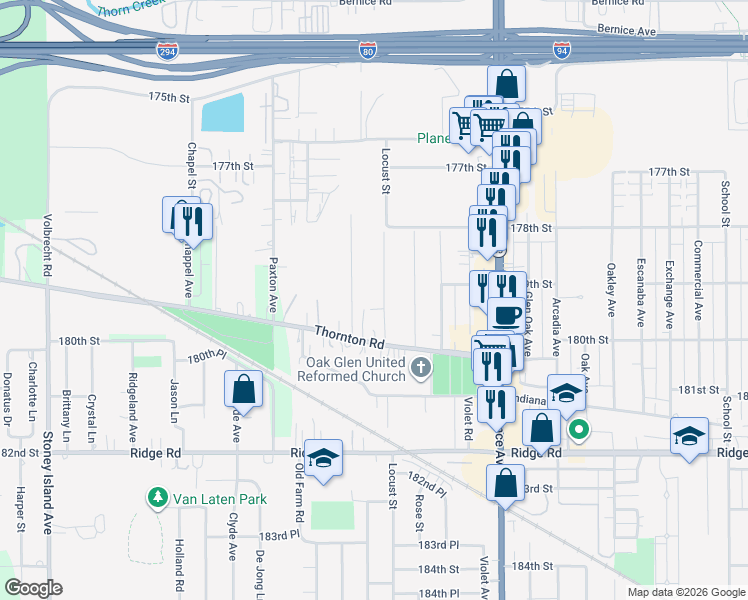 map of restaurants, bars, coffee shops, grocery stores, and more near 17934 Locust Street in Lansing