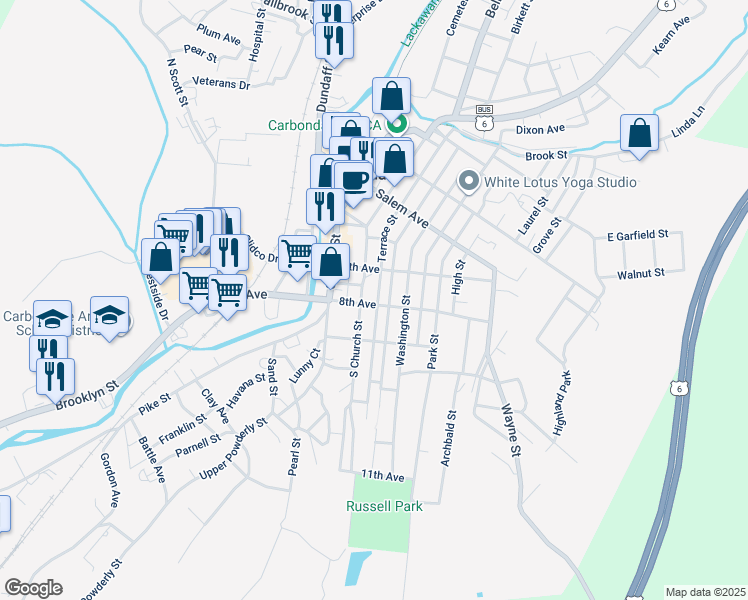 map of restaurants, bars, coffee shops, grocery stores, and more near 67 8th Avenue in Carbondale