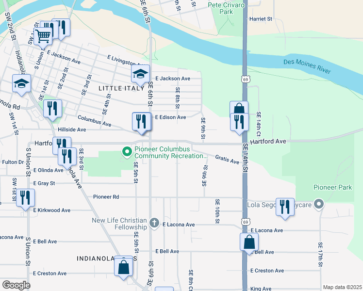 map of restaurants, bars, coffee shops, grocery stores, and more near 2014 Southeast 8th Street in Des Moines