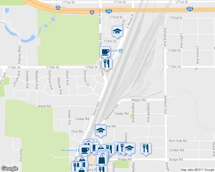 map of restaurants, bars, coffee shops, grocery stores, and more near 17650 Dixie Highway in Homewood