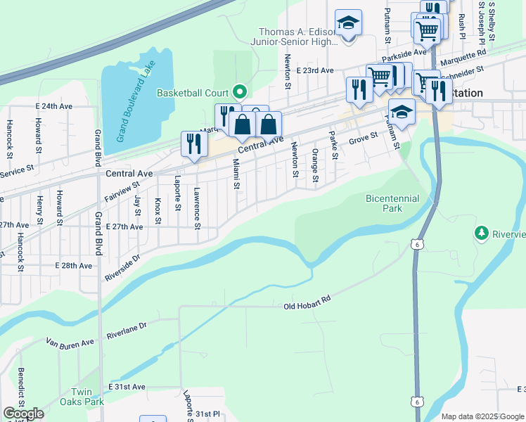 map of restaurants, bars, coffee shops, grocery stores, and more near 2651 Montgomery Street in Gary