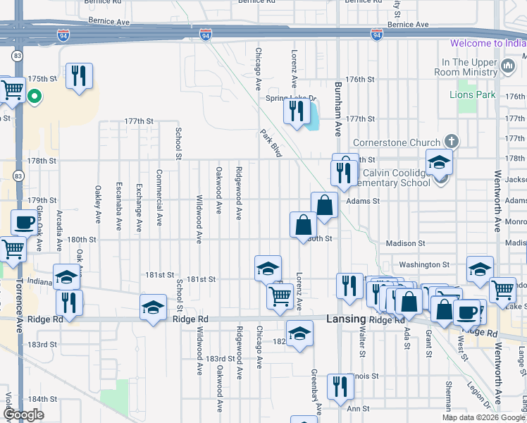 map of restaurants, bars, coffee shops, grocery stores, and more near 17917 Chicago Avenue in Lansing