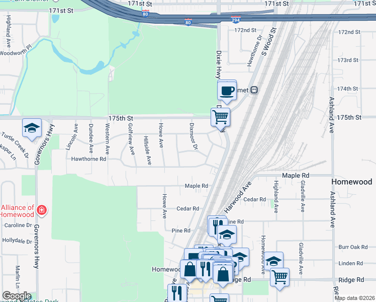 map of restaurants, bars, coffee shops, grocery stores, and more near Magnolia Road in Homewood