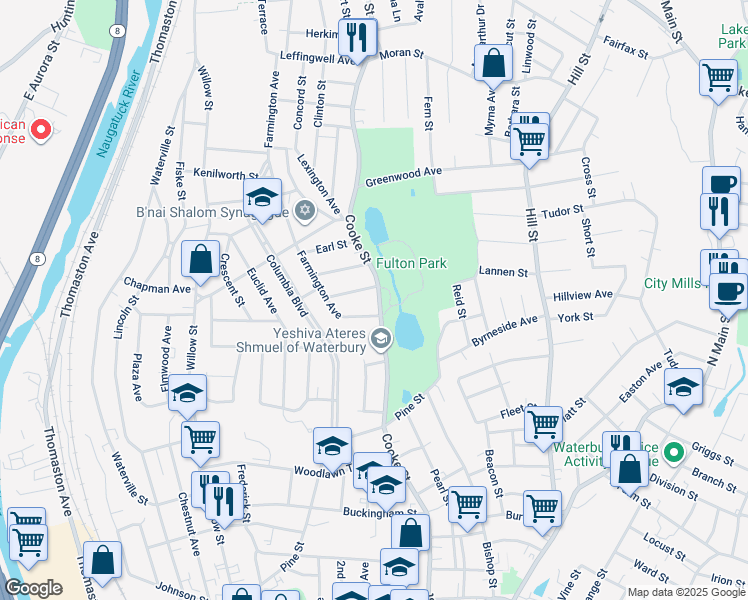 map of restaurants, bars, coffee shops, grocery stores, and more near 429 Cooke Street in Waterbury