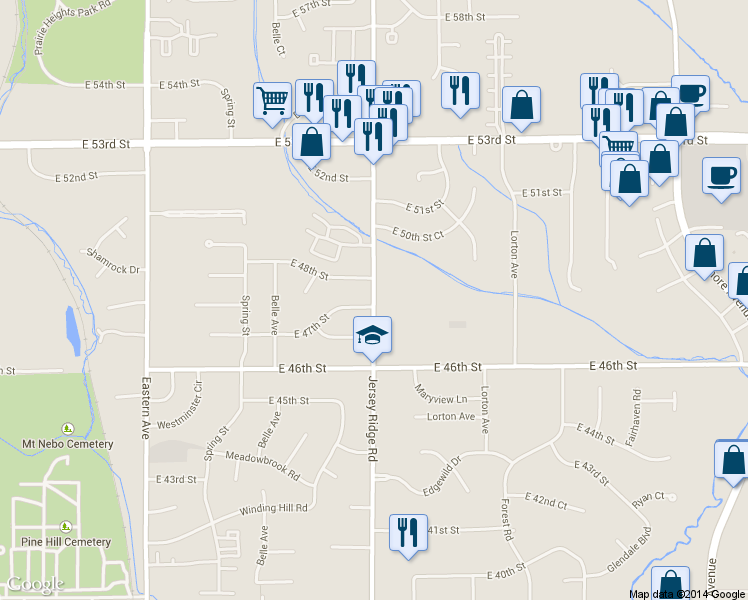 map of restaurants, bars, coffee shops, grocery stores, and more near 2330 East 47th Street in Davenport