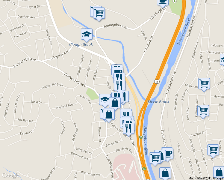 map of restaurants, bars, coffee shops, grocery stores, and more near 26 Aurora Street in Waterbury