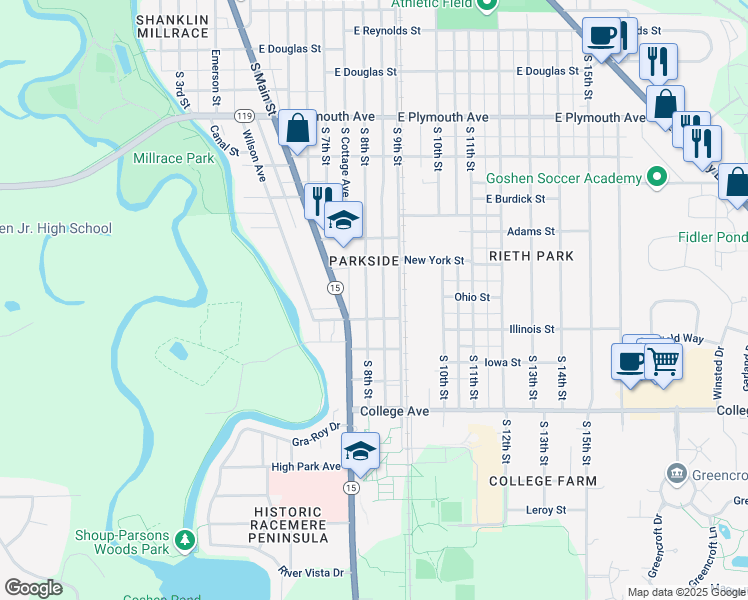 map of restaurants, bars, coffee shops, grocery stores, and more near 1407 South 9th Street in Goshen