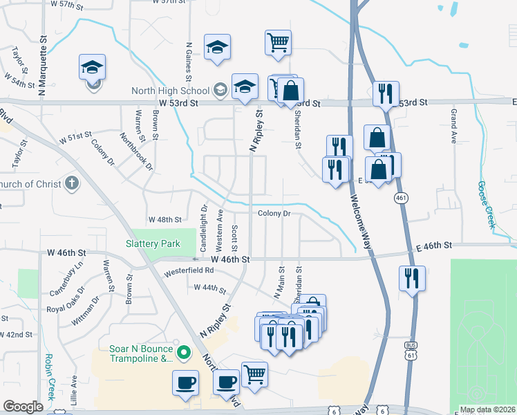 map of restaurants, bars, coffee shops, grocery stores, and more near 310 Colony Drive in Davenport