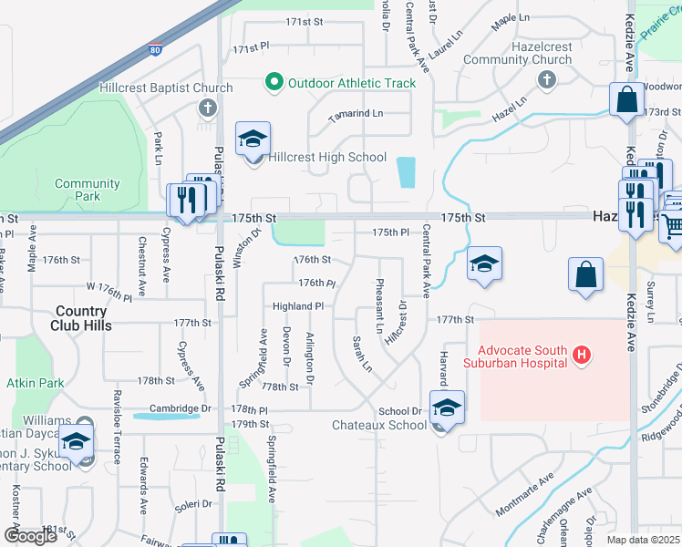 map of restaurants, bars, coffee shops, grocery stores, and more near 17620 Country Club Lane in Country Club Hills