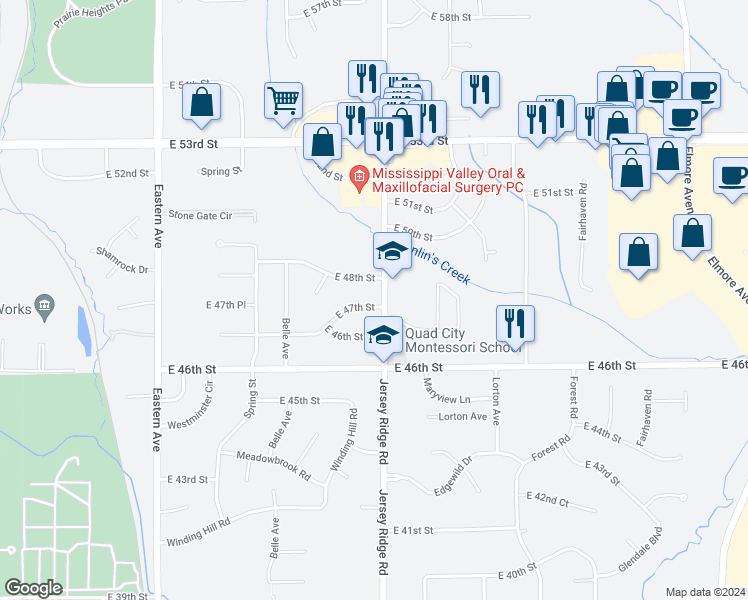map of restaurants, bars, coffee shops, grocery stores, and more near 2330 East 47th Street in Davenport