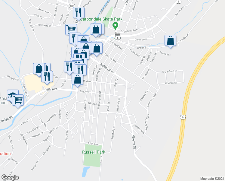 map of restaurants, bars, coffee shops, grocery stores, and more near 80 Park Street in Carbondale
