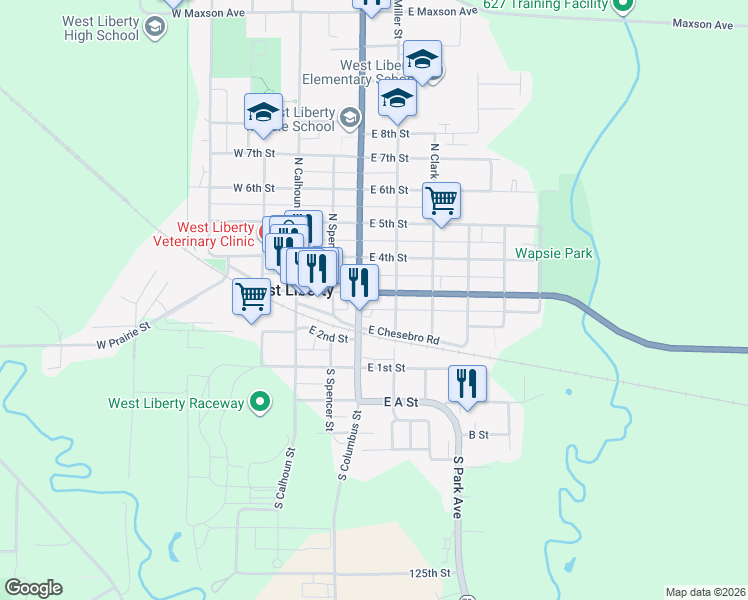 map of restaurants, bars, coffee shops, grocery stores, and more near 308 East 3rd Street in West Liberty