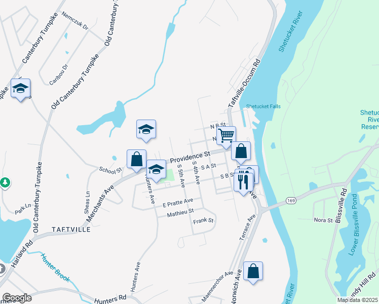 map of restaurants, bars, coffee shops, grocery stores, and more near 97 Providence Street in Norwich