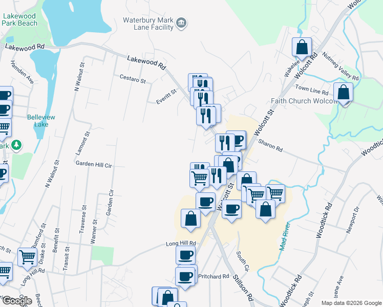 map of restaurants, bars, coffee shops, grocery stores, and more near 126 Sherman Avenue in Waterbury