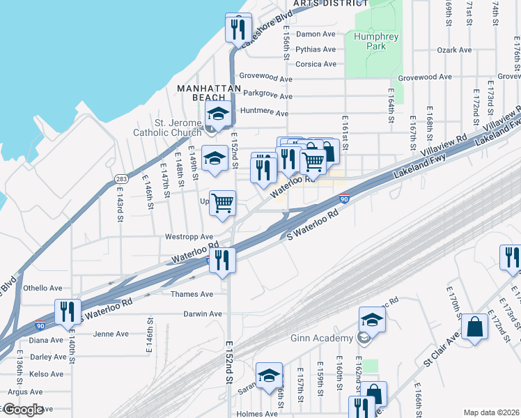 map of restaurants, bars, coffee shops, grocery stores, and more near 15426 Calcutta Avenue in Cleveland