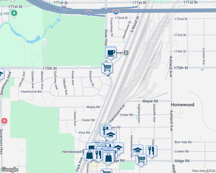map of restaurants, bars, coffee shops, grocery stores, and more near 17650 Dixie Highway in Homewood