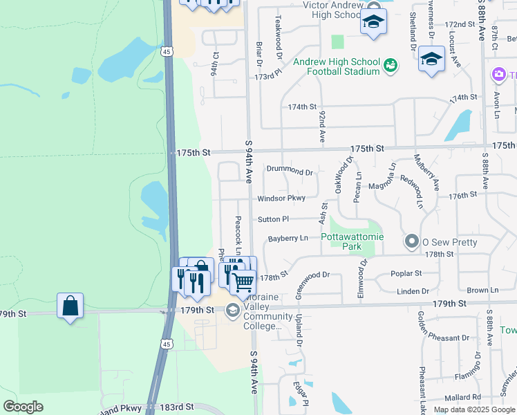 map of restaurants, bars, coffee shops, grocery stores, and more near 9375 Windsor Parkway in Tinley Park