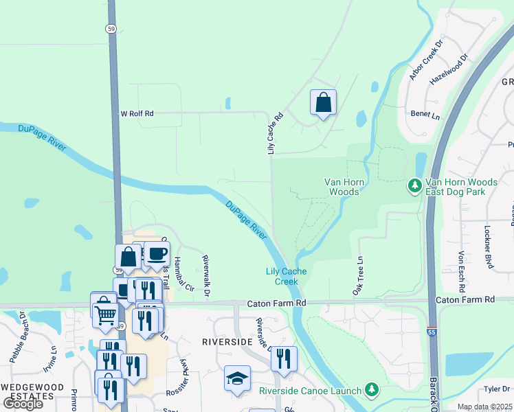 map of restaurants, bars, coffee shops, grocery stores, and more near 17250 South Lily Cache Road in Plainfield