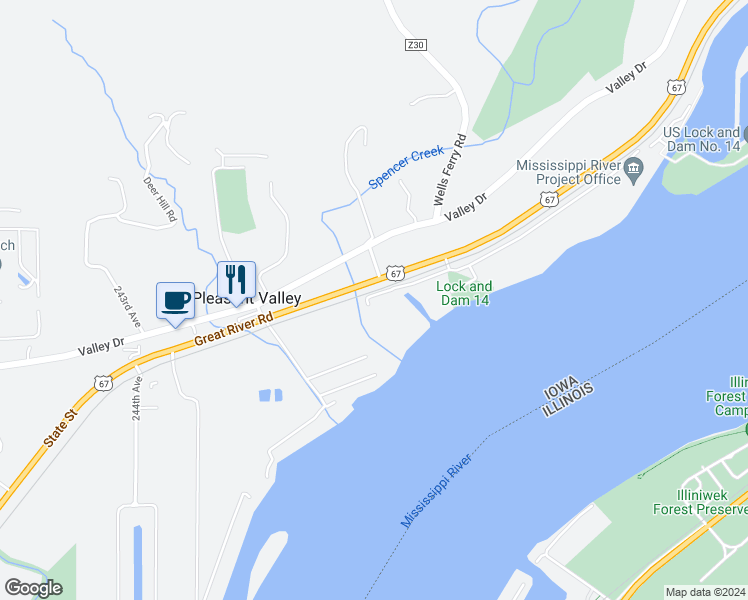 map of restaurants, bars, coffee shops, grocery stores, and more near 18225 249th Avenue in Bettendorf