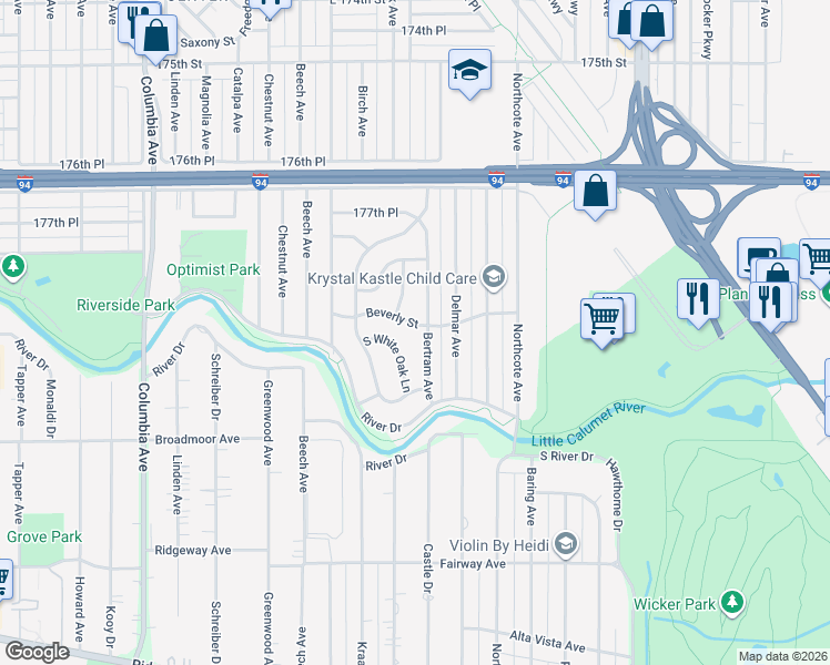 map of restaurants, bars, coffee shops, grocery stores, and more near 7907 Bertram Avenue in Hammond