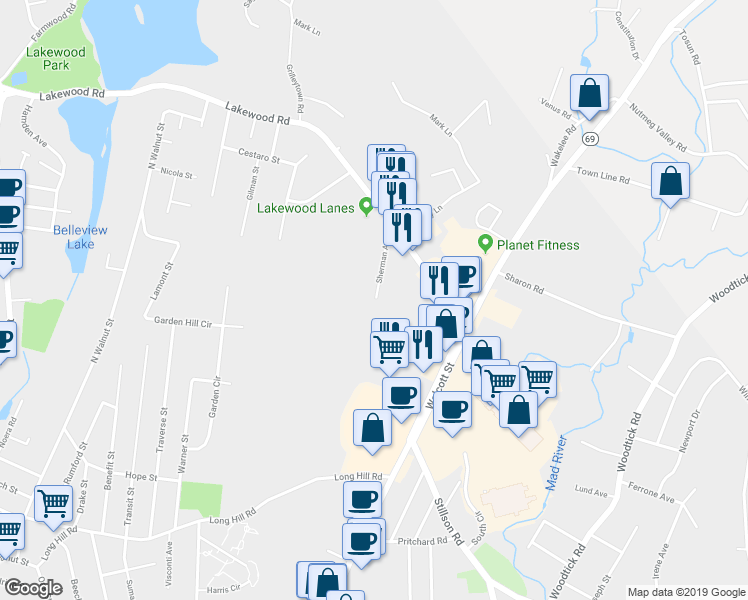 map of restaurants, bars, coffee shops, grocery stores, and more near 126 Sherman Avenue in Waterbury