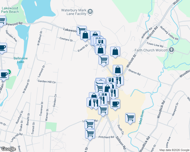 map of restaurants, bars, coffee shops, grocery stores, and more near 126 Sherman Avenue in Waterbury