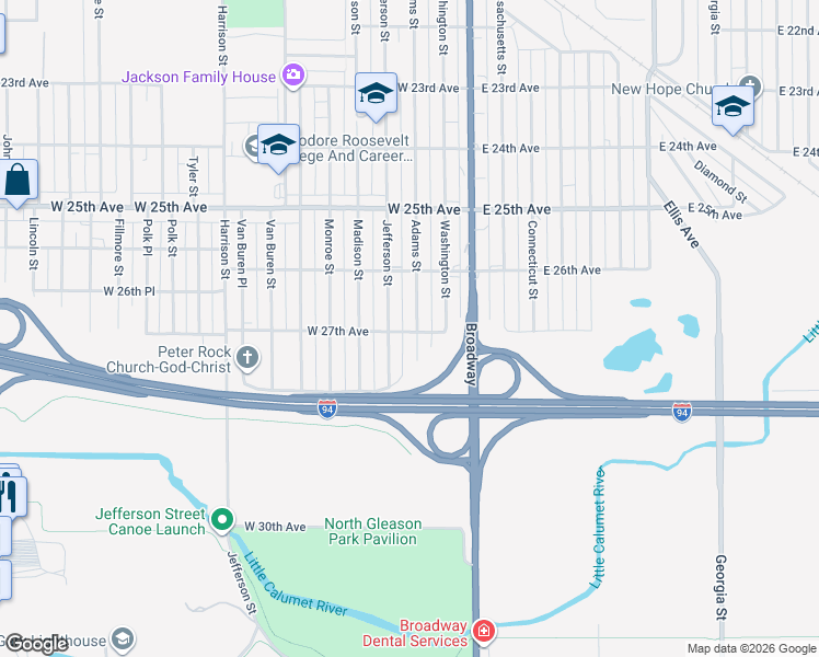 map of restaurants, bars, coffee shops, grocery stores, and more near 2700 Adams St in Gary