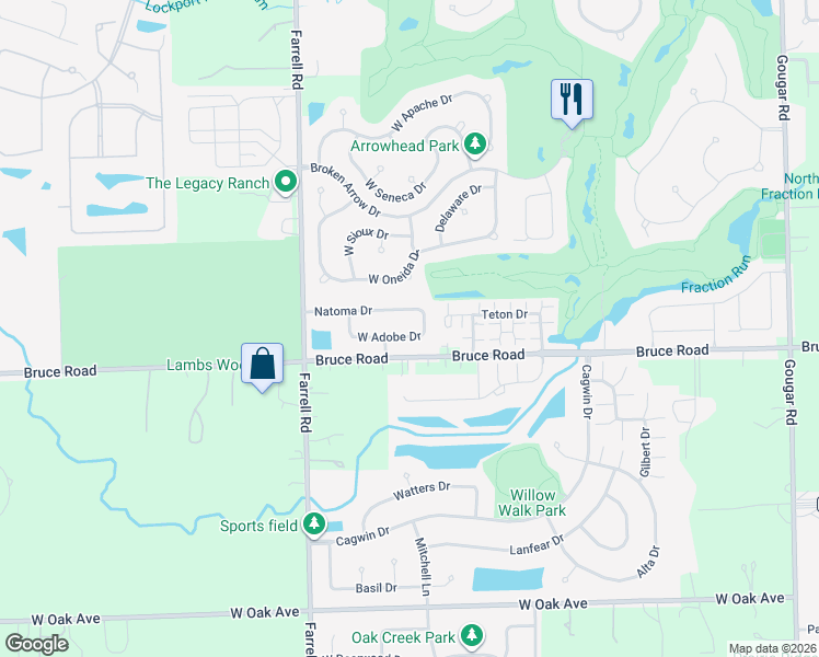 map of restaurants, bars, coffee shops, grocery stores, and more near 16651 West Adobe Drive in Lockport