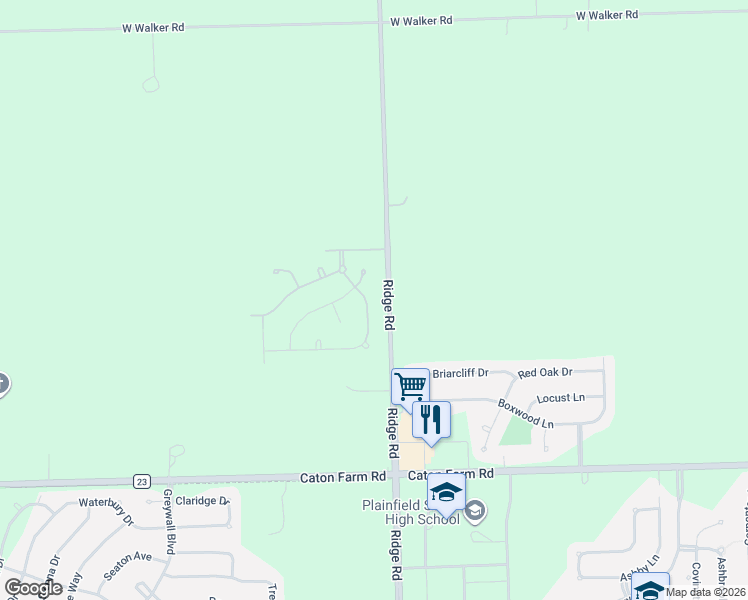 map of restaurants, bars, coffee shops, grocery stores, and more near Deer Crossing Dr in Plainfield