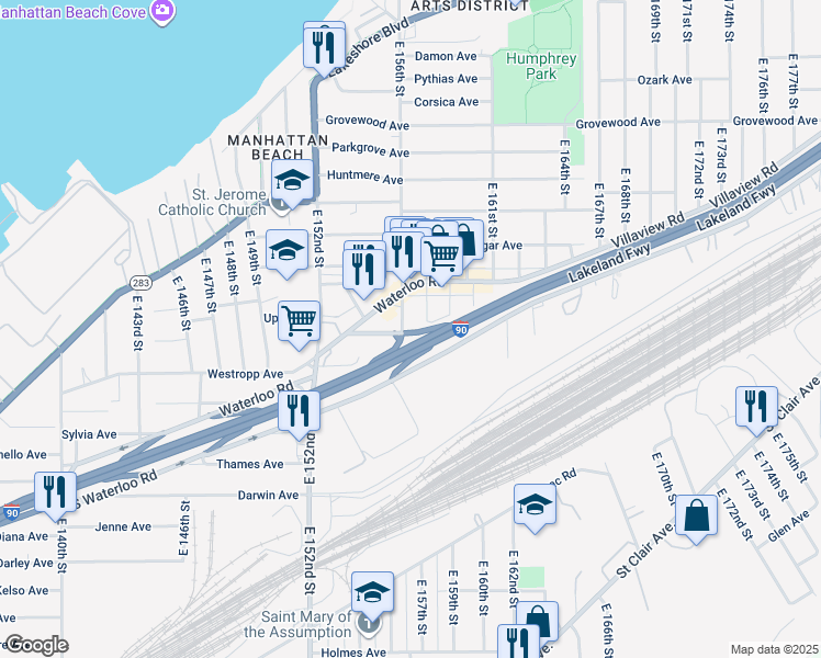 map of restaurants, bars, coffee shops, grocery stores, and more near 451 East 156th Street in Cleveland