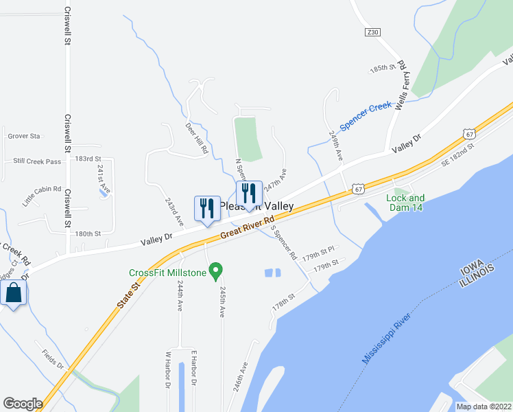 map of restaurants, bars, coffee shops, grocery stores, and more near in Pleasant Valley
