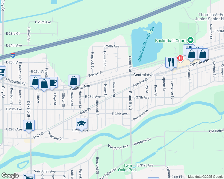 map of restaurants, bars, coffee shops, grocery stores, and more near Lake Station Trail in Lake Station