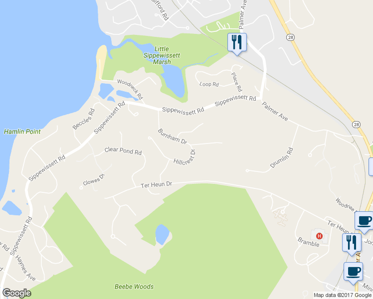 map of restaurants, bars, coffee shops, grocery stores, and more near 65 Burnham Drive in Falmouth