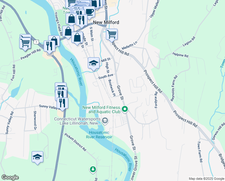 map of restaurants, bars, coffee shops, grocery stores, and more near 2-28 Bostwick Place in New Milford