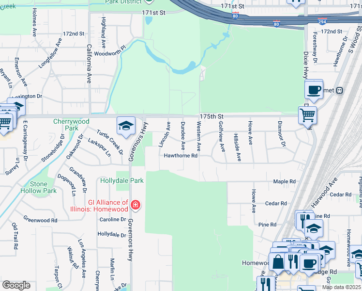 map of restaurants, bars, coffee shops, grocery stores, and more near 2440 Hawthorne Road in Homewood