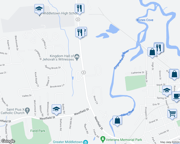 map of restaurants, bars, coffee shops, grocery stores, and more near 380 Newfield Street in Middletown