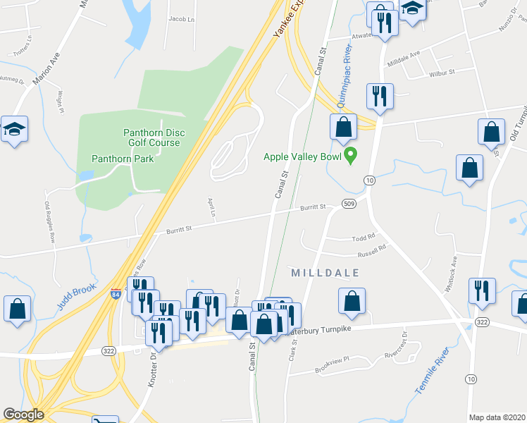map of restaurants, bars, coffee shops, grocery stores, and more near 150 Burritt Street in Southington