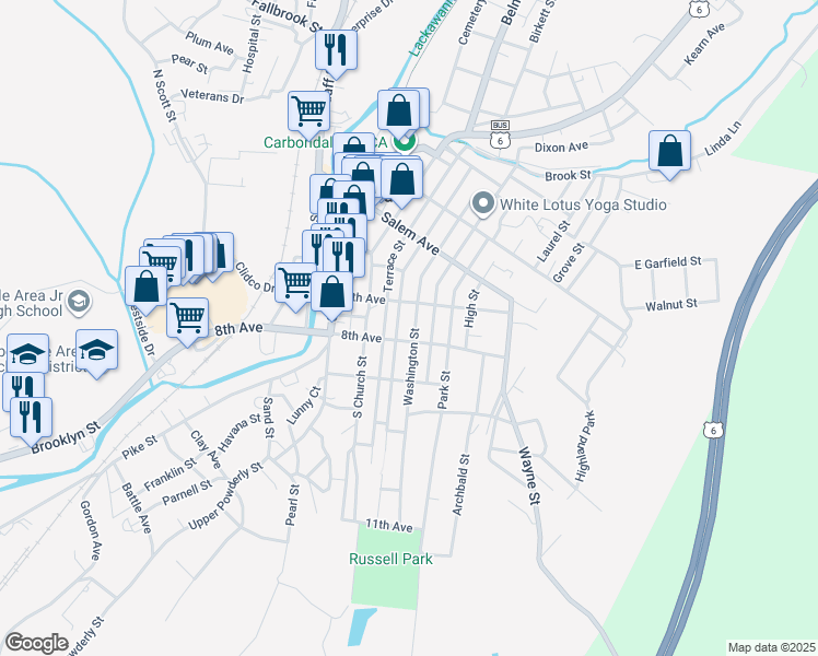 map of restaurants, bars, coffee shops, grocery stores, and more near 147 Spring Street in Carbondale