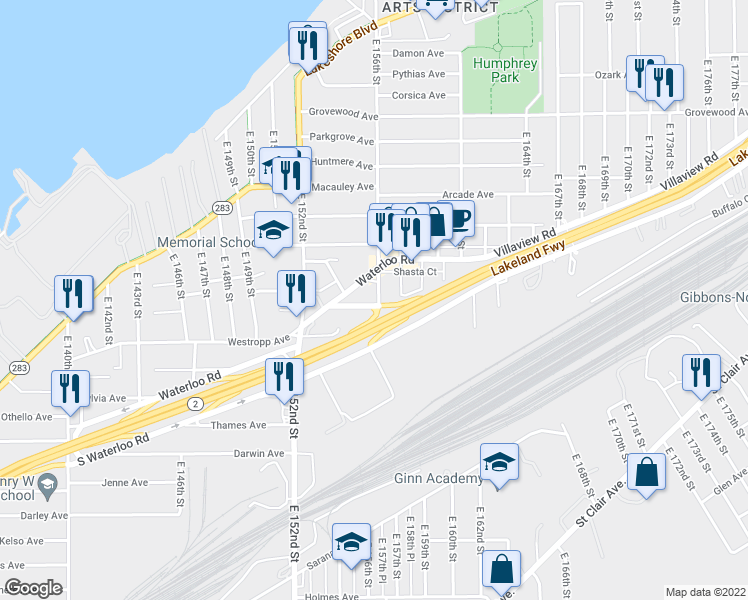 map of restaurants, bars, coffee shops, grocery stores, and more near 451 East 156th Street in Cleveland