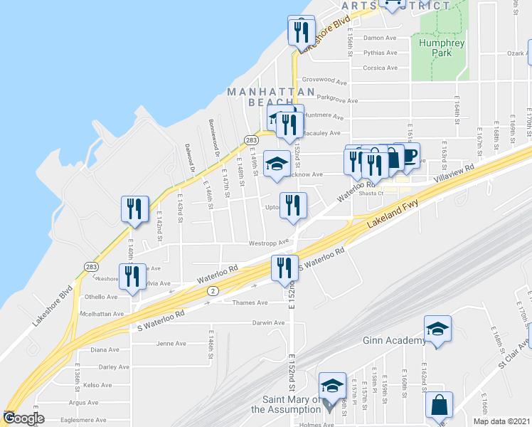 map of restaurants, bars, coffee shops, grocery stores, and more near 480 East 149th Street in Cleveland
