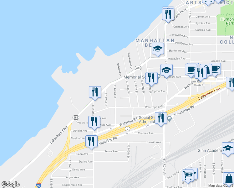 map of restaurants, bars, coffee shops, grocery stores, and more near 471 East 143rd Street in Cleveland